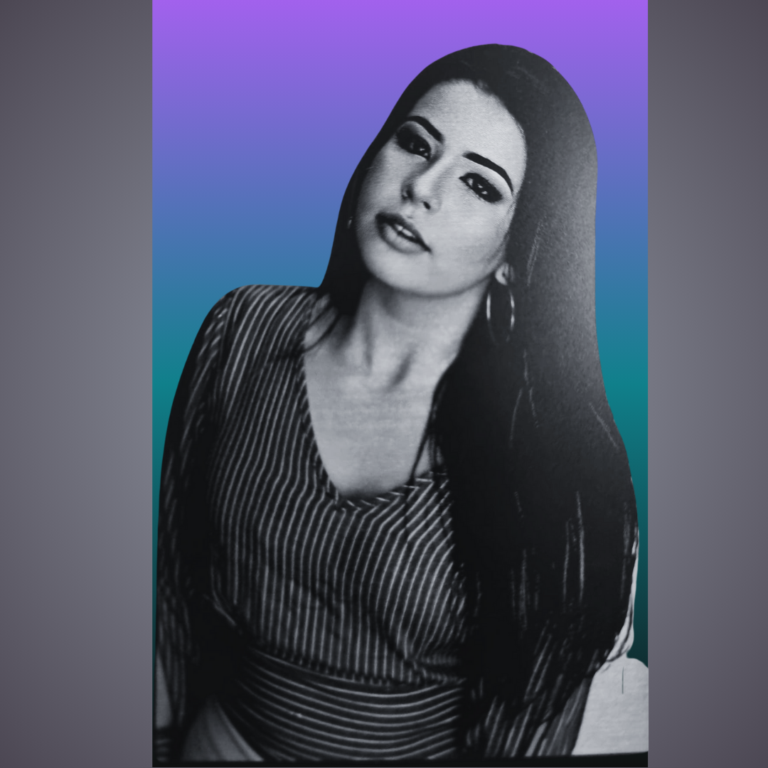 Engraved picture of a girl on aluminum business card