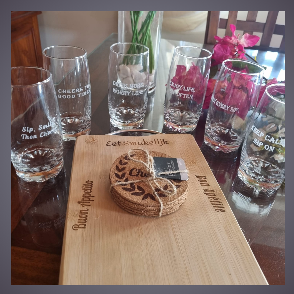 Engraved Glasses and cutting board Gift set 