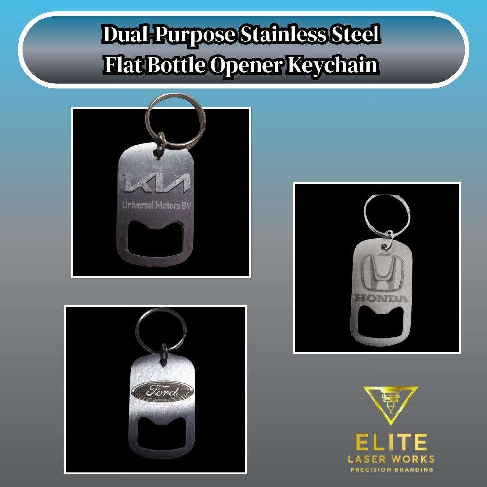 3 Stainless steel bottle opener keyrings engraved with automotive logos