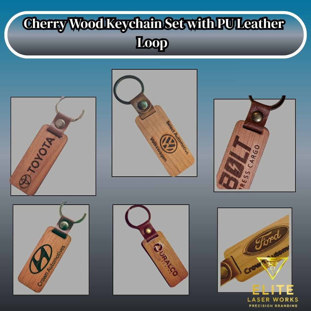 Engraved wood and leather promotional keyrings