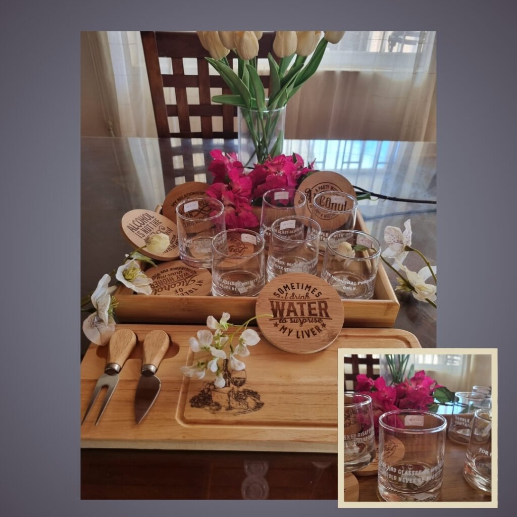 6 engraved whiskey glasses, Tray, cutting board, and coasters gift set 